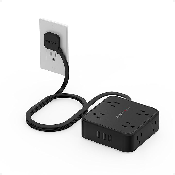 Surge Protector Power Strip, TESSAN 5 FT Black Flat Extension Cord by TESSAN