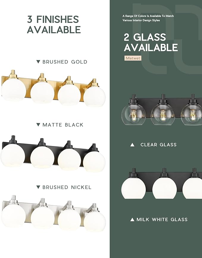 METWET Bathroom Light Fixtures, 4 Light Matte Black Vanity Light, 26 Inch - Image 7
