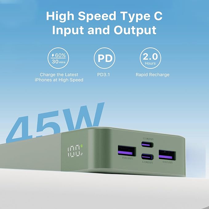 JUOVI J2621 Power Bank Portable Charger 20000mAh 45W, PD 3.0 QC 4.0 Fast - Image 4