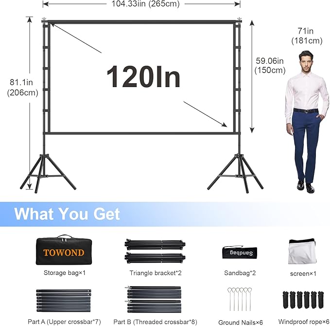 Outdoor Projector Screen with Stand, TOWOND 120 inch Portable Movie Screen - Image 3
