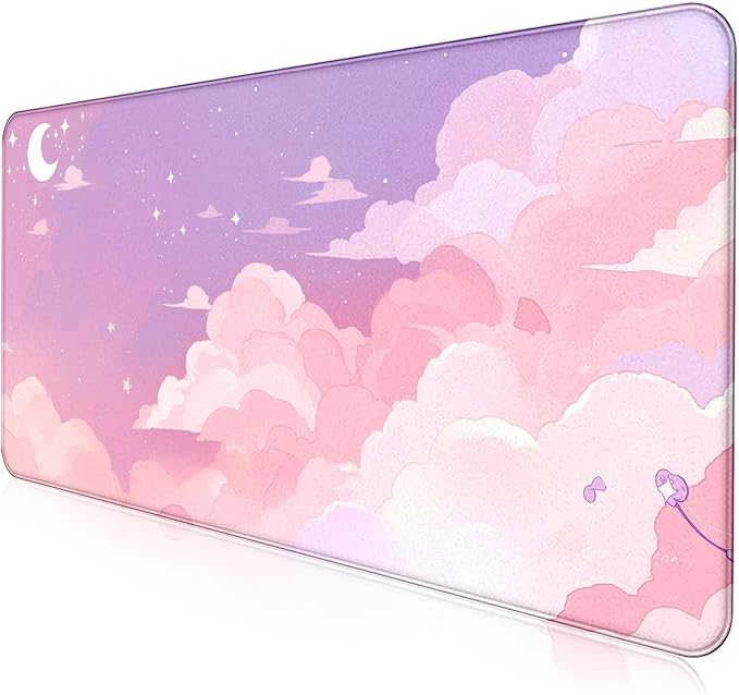 Cute Anime Cloud Desk Mat, Beautiful Pink Stitching Edge Non Slip Rubber Mouse by LQFIWSS