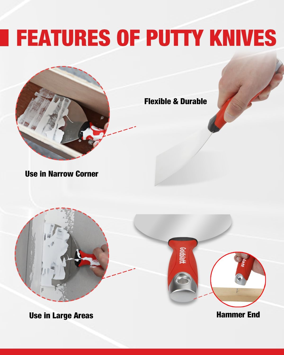 Goldblatt Drywall Hand Tool Kit | 14 in 1, 6 Pieces Stainless Steel Joint Knife, Taping Knives, Paniter Scraper, Mud Pan