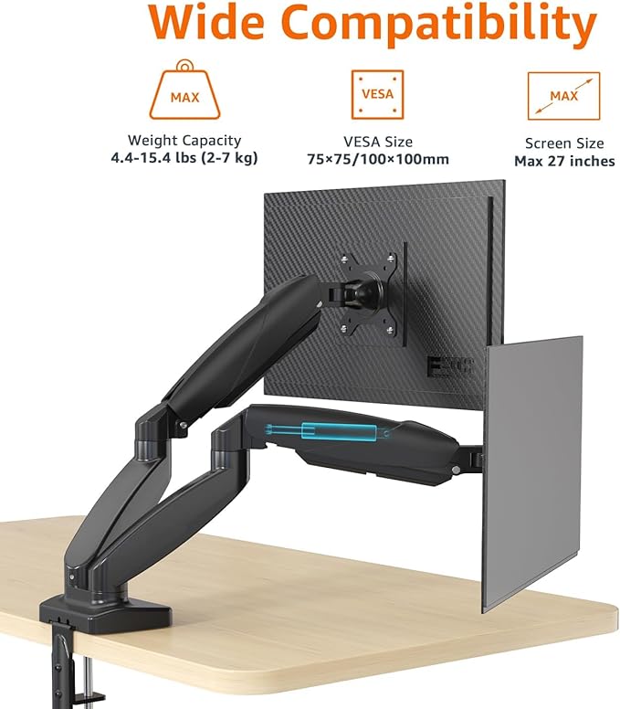 Amazon Basics Gas Spring Dual Computer Monitor Arm Mount, Adjustable, Holds up - Image 3