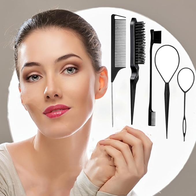 5Pcs Slick Back Brush Set with Topsy Tail Tool, Teasing Bristle, Rat Comb - Image 2