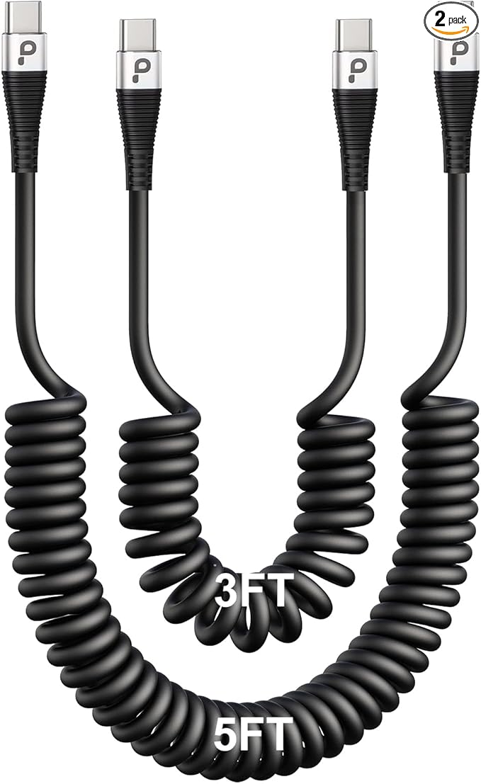 Coiled USBC to USBC Cables for Car 3FT/5FT, USB C to USB C Fast Charging Cables by PRAKIE