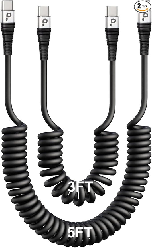 Coiled USBC to USBC Cables for Car 3FT/5FT, USB C to USB C Fast Charging Cables by PRAKIE