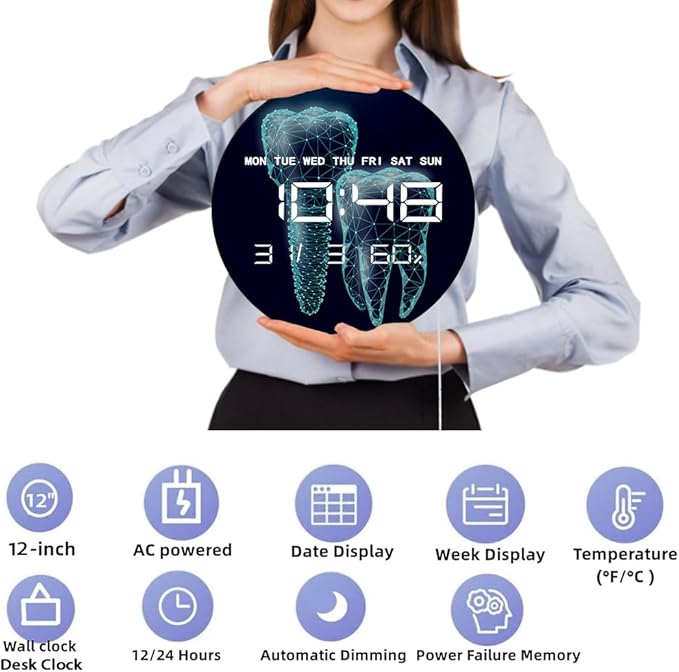 Timethink 12'' Molar Tooth Digital Wall Clock Large Display, Dental Clinic - Image 9