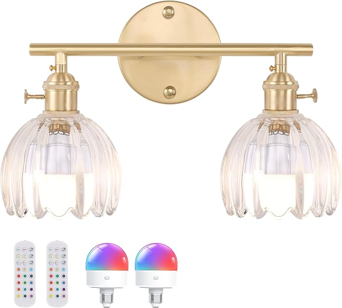 Shenmoyl Battery Operated Bathroom Light Fixtures, 2-Light Brass Vanity Wall by Shenmoyl