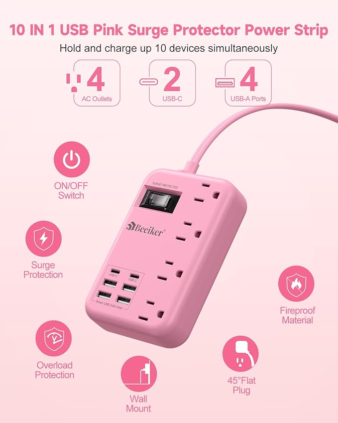 6 USB Pink Extension Cord- 5Ft Travel Power Strip - Image 3