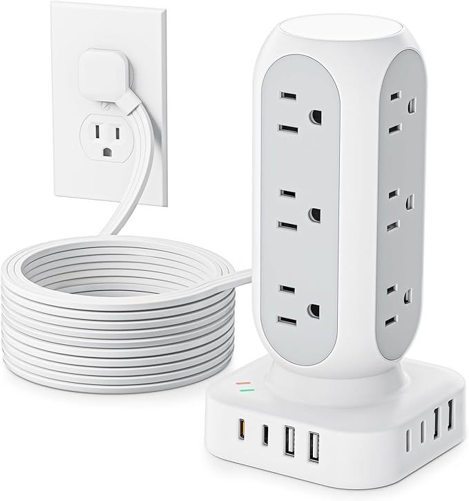 Flat Plug Power Strip Tower 10FT, 40W Total Fast Charging Station, Dual PD 20W by TenTrend