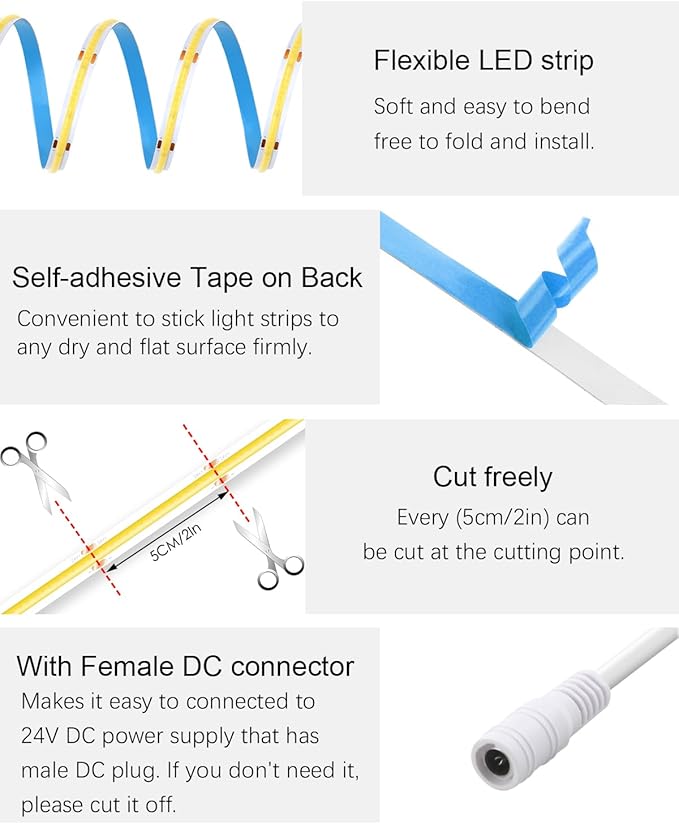 ALITOVE 32.8ft COB LED Strip Light Kit Natural White 4000K Flexible Super - Image 5