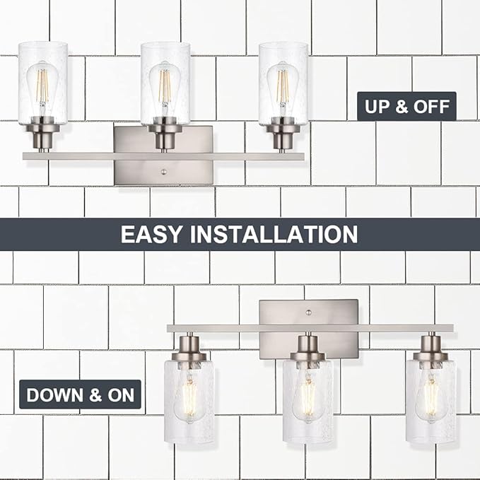 WINSHEN Bathroom Light Fixtures 3-Lights Seeded Glass in Brushed Nickel Finish - Image 5