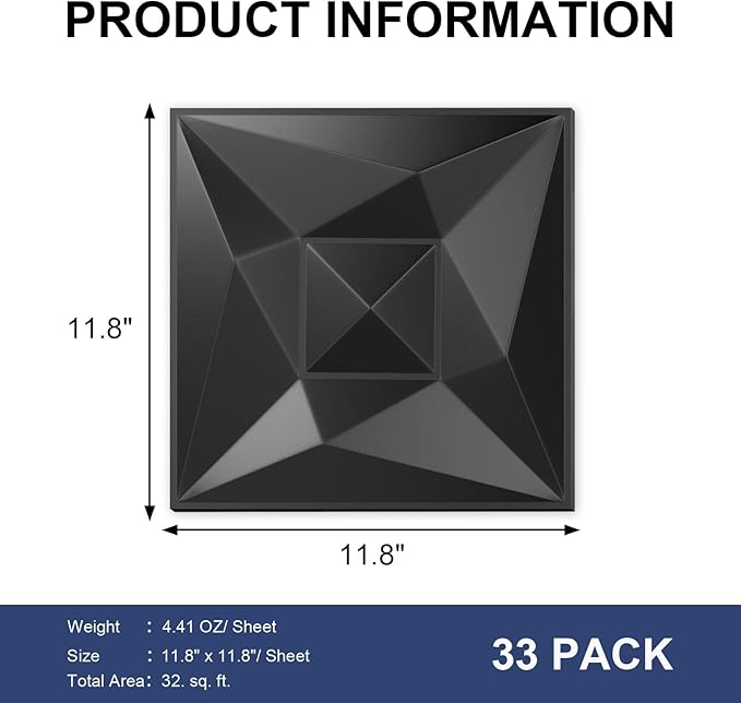 Greymond Black PVC 3D Wall Panels, 33 Pack 11.8''x11.8''Geometric Design - Image 2