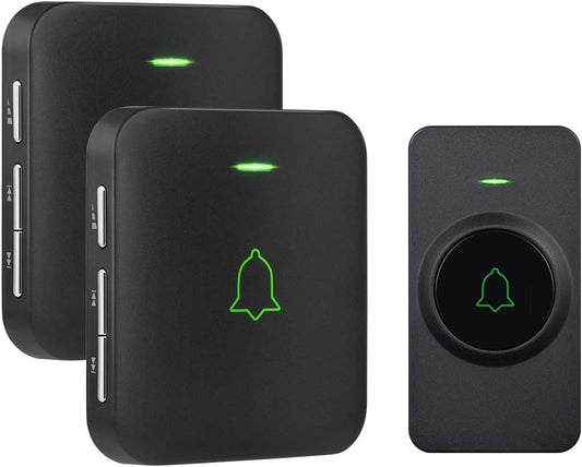 AVANTEK Wireless Doorbell, 1000 ft Range, 1 Button + 2 Receivers, Black | 115 dB Volume, LED Flash, 52 Chimes, Waterproof, 3-Year Battery, No Wi-Fi or Fees, Door Bell for Home, Classroom, CB-12