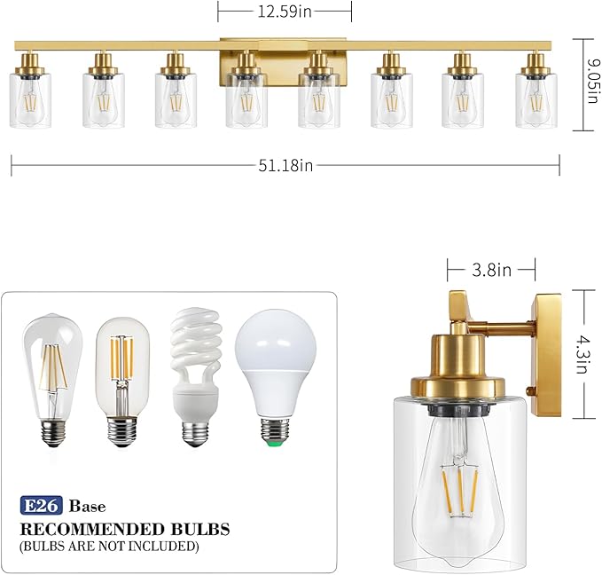 DIKAIDA 8 Light Gold Vanity Lights Over Mirror, 52inch Gold Bathroom Light - Image 3