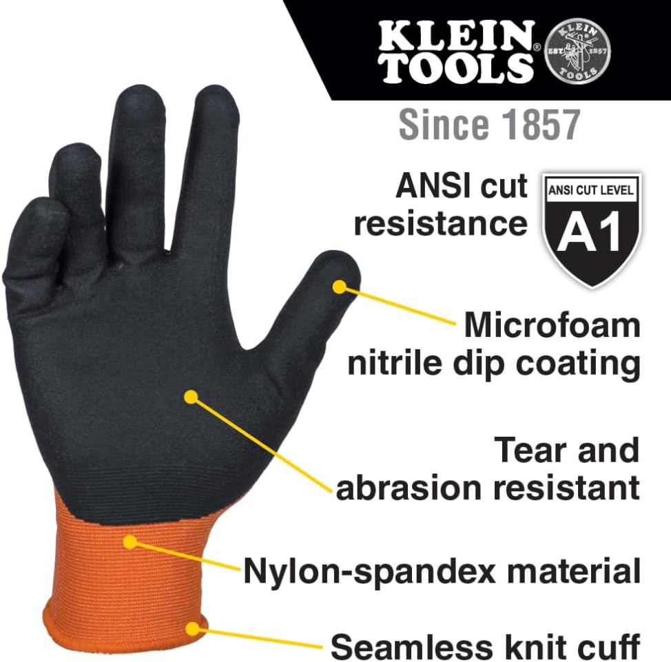 Klein Tools Folding Jab Saw & Cut Resistant Work Gloves Bundle - 31737 Carbon Steel Saw with Lockback & 60581 Nitrile Coated Nylon-Spandex Gloves, Large