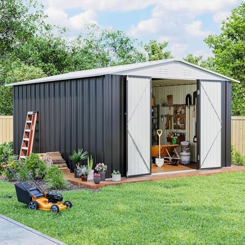 polar aurora 10x12 outdoor metal storage shed with, front angle view