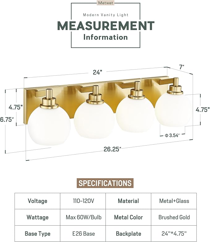 METWET Bathroom Light Fixtures, 4 Light Brushed Gold Vanity Light, 26 Inch - Image 4
