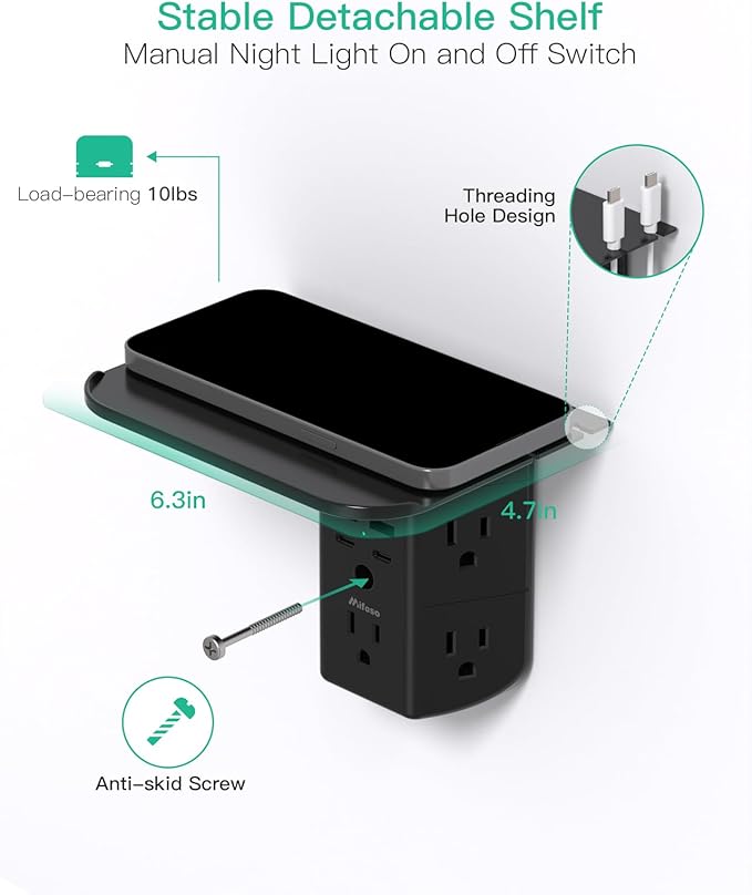 Wall Outlet Extender with Shelf and Night Light, Surge Protector, USB Wall - Image 5