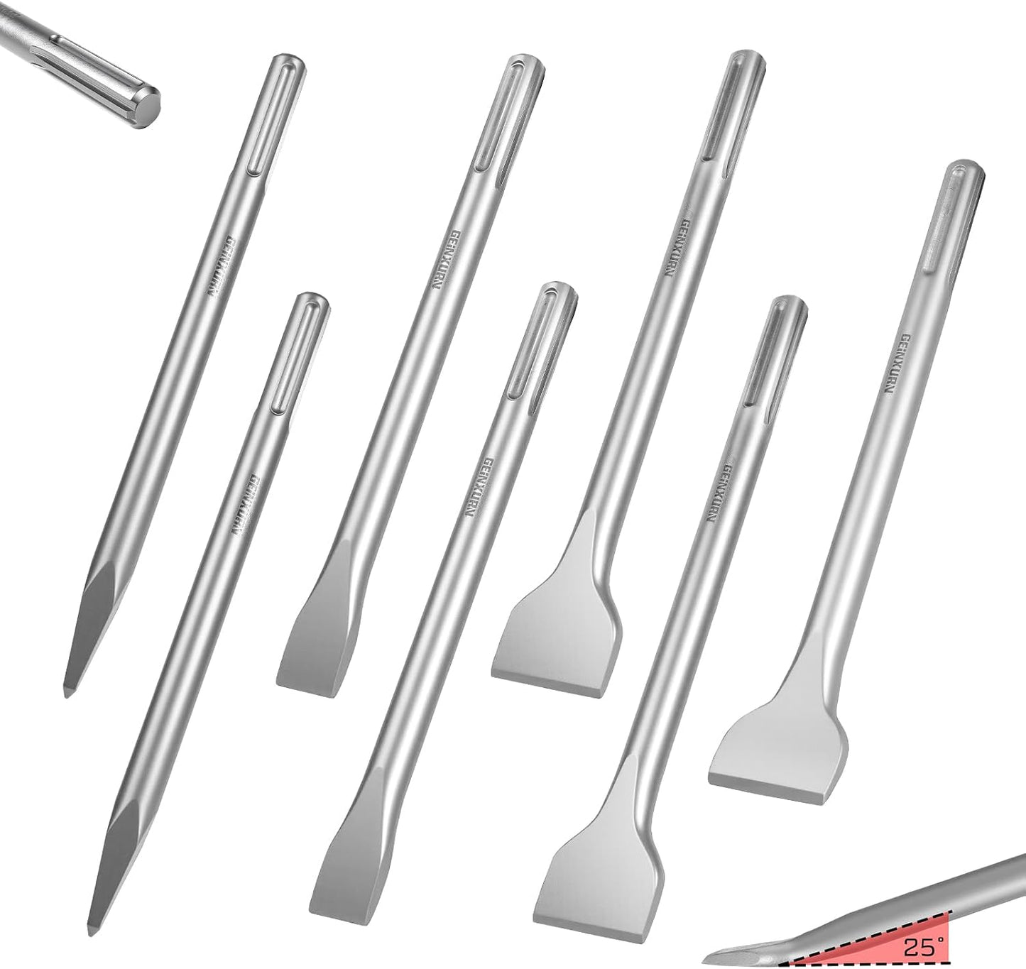 SDS Plus Chisels, 6PCS Masonry Chisel Bit Set, 10-Inch Long 40Cr Steel Point, Flat, Wide Chisels for Concrete Stone Tile Floor Removal