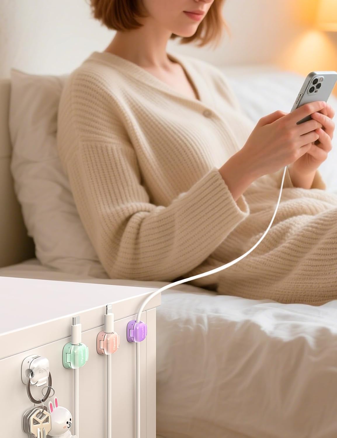8 Pack Cable Clips, Cord Organizer [1s Lock] Cute Spring Cord Holder | Phone Charger Cord Holder for Nightstand, Girls College Dorm Room Essentials, Home Office Desk Accessories for Women