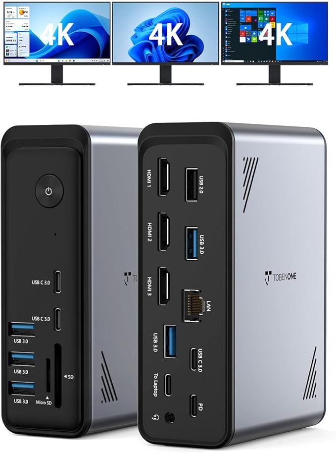 TobenONE 18 in 1 Laptop Docking Station 3 Monitors, Triple 4K Display by TobenONE