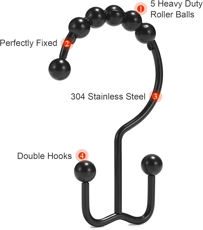 Shower Curtain Hooks, Goowin Shower Curtain Rings, Stainless Steel Black Shower - Image 4