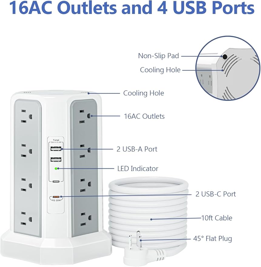 Surge Protector Power Strip Tower, 10FT Long Extension Cord - Image 7