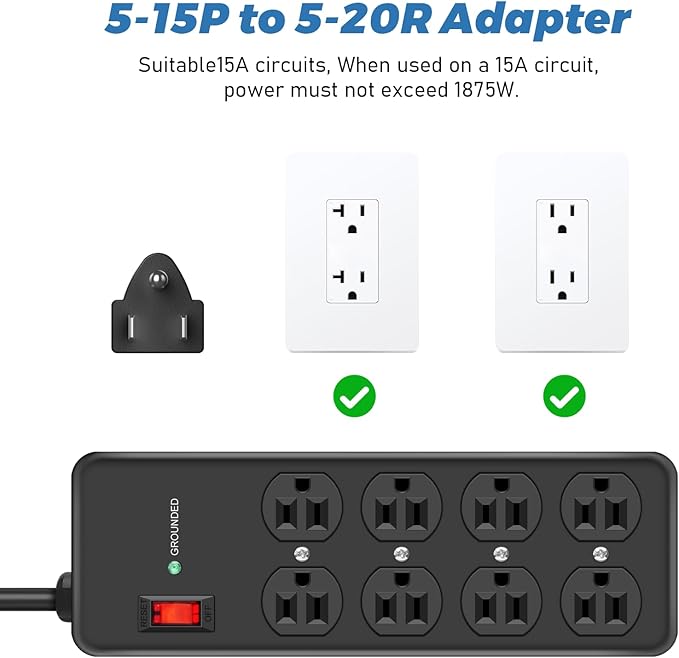 HEZI 8 Outlet Heavy Duty Power Strip, 15Amp Metal Mountable Surge Protector - Image 4