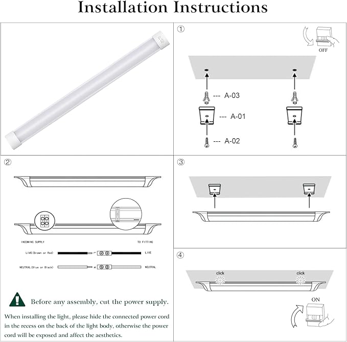 colmeguna 4 Packs 4FT LED Batten Light, Ultra-Thin Slim Ceiling Surface Mounted - Image 6