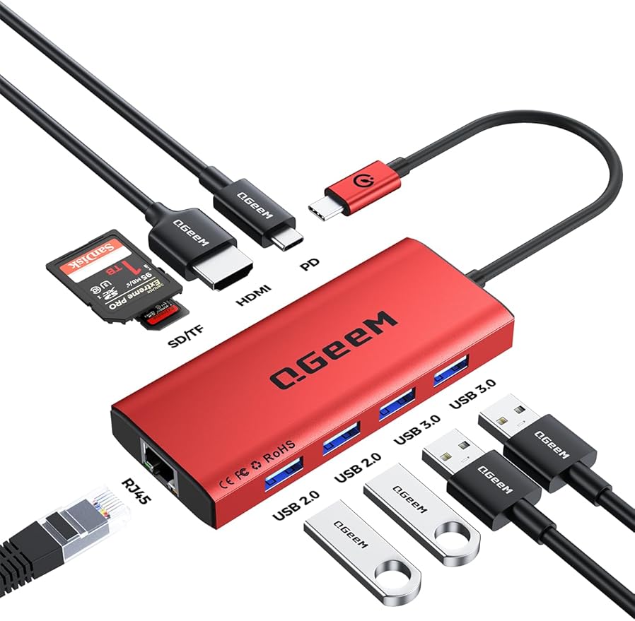 QGeeM USB C Hub Ethernet, 9 in 1 USB Type C Hub HDMI Multi-Port Converter by Redaw