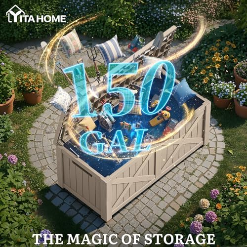 yitahome 150 gallon large deck box with x-shaped shown in use