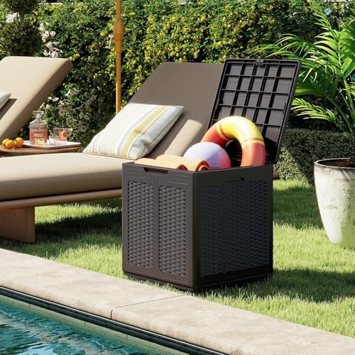 tangkula 39 gallon outdoor storage box with lockable, front angle view