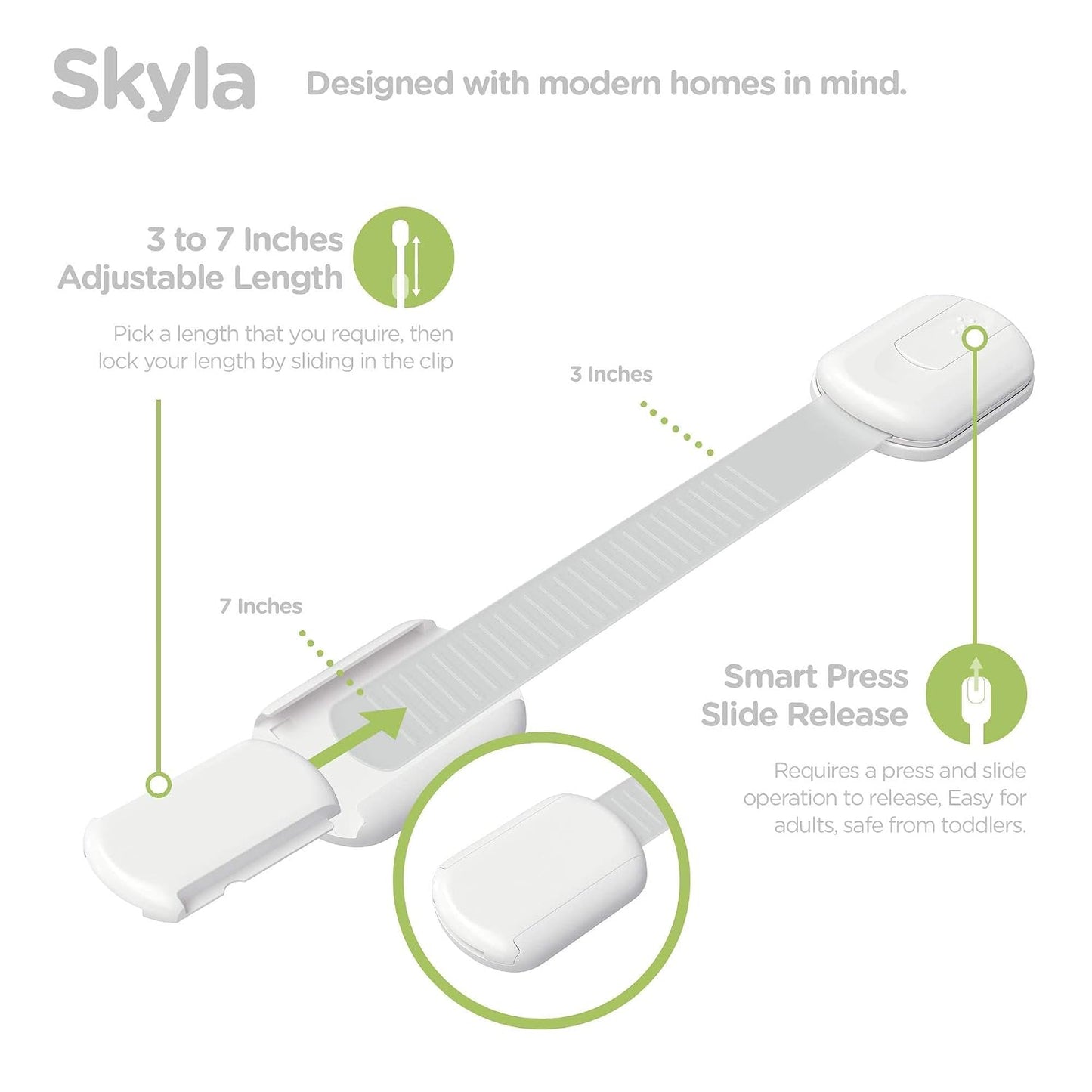 SKYLA HOMES Child Safety Cabinet Locks, White, 8 Pack | ABS and TPE adhesive latches for cabinets, drawers, ovens and toilet seats; no screws or magnets needed