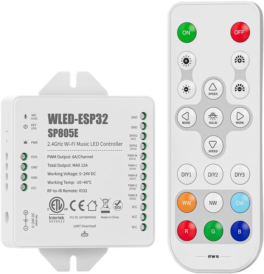 BTF-LIGHTING SP805E WLED Controllers 2.4GHz RF RW4 Remote Kit,DC5V/12V/24V | RF Remote, DIY Effect Save, Support FCOB COB SMD PWM or SPI Dim CCT RGB RGBW LED Strip WS2811 WS2812B WS2814 WS2815 SK6812