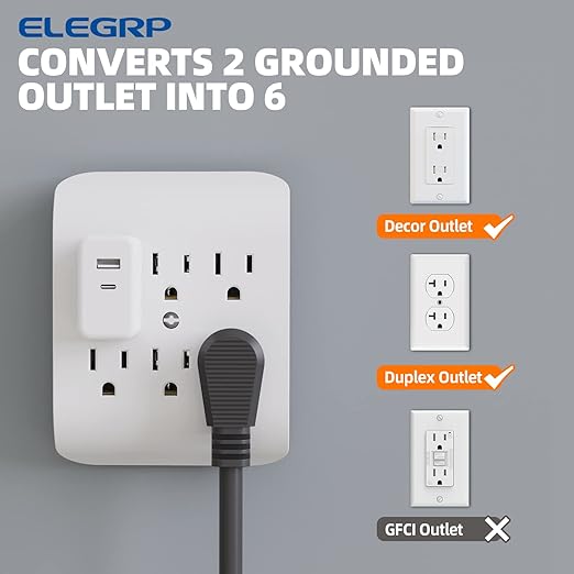 ELEGRP 6-Outlet Extender with Central Anchor, 3-Prong Grounded Wall Tab - Image 3