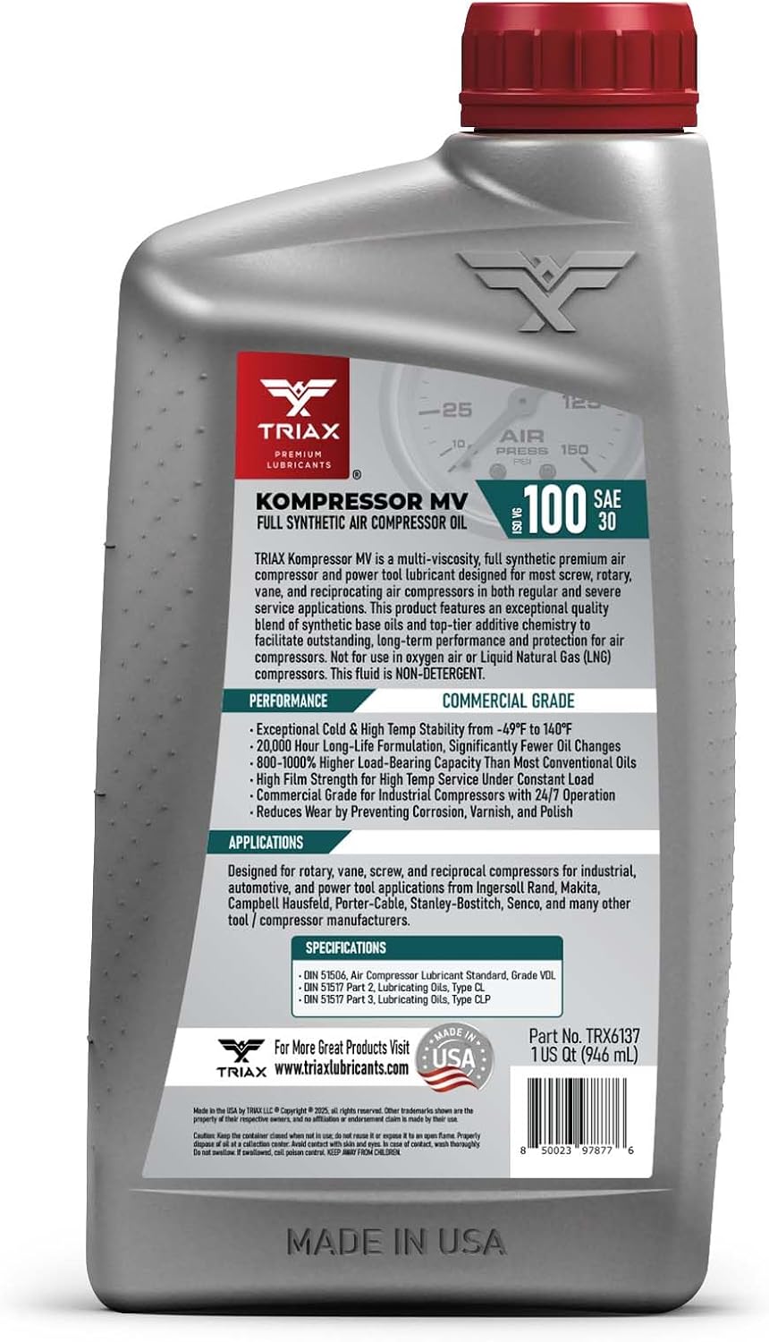 TRIAX Kompressor ISO 100 SAE 30, Full Synthetic, Multi-Vis Air Compressor Oil | for Rotary, Vane, Screw, and Reciprocal | Commercial Grade | High Temp | Non-Detergent (1 Quart)