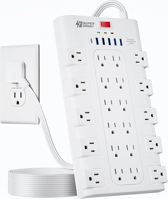 Flat Plug Power Strip 10Ft, SUPERDANNY Surge Protector by SUPERDANNY