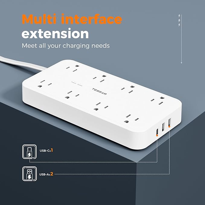 Power Strip with Surge Protection, TESSAN Flat Plug Extension Cord with 8 - Image 4