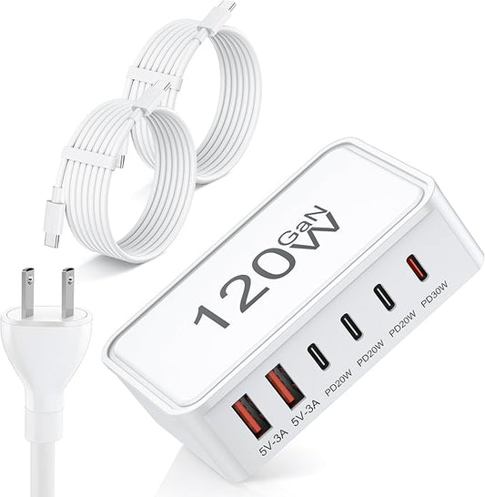 USB C Charger Block, 120W GaN 6-Port Charging Station, 5FT Cord Type C Charger by JIORRIOSolarLightsOurdoorWaterproof