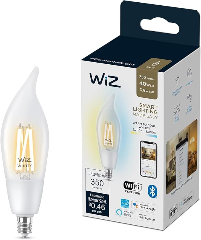 WiZ Clear 40W BA11 Tunable White Filament LED Smart Candle-Shaped Bulb by WiZConnectedLighting