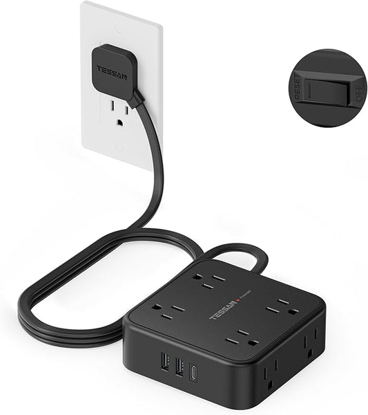 TESSAN Surge Protector Power Strip Black, 5 Ft Flat Plug Extension Cord by TESSAN