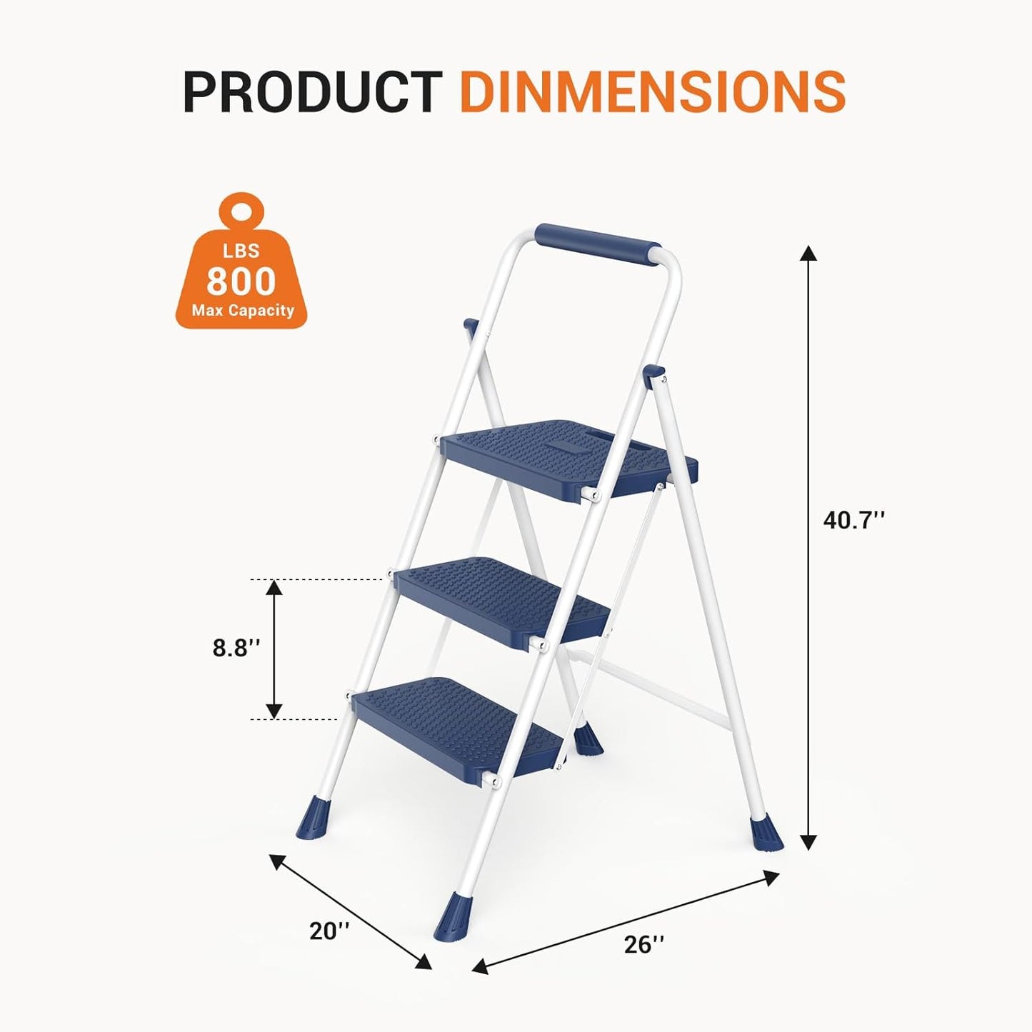 Sweetcrispy 3 Step Ladder, Folding Step Stool, 800lbs | Lightweight Sturdy Stepping Stool with Anti-Slip Feet, Easy Storage & Portable Design, for Home Kitchen Office Use, Blue