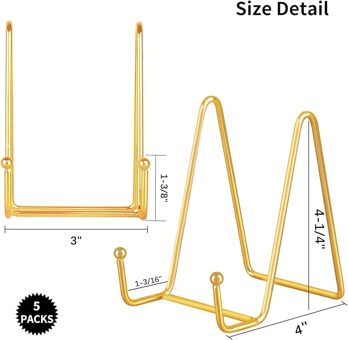 IBosins 5 Pack 4 Inch Plate Holder Display Stands, Metal Gold Frame Stand - Image 2