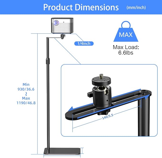suptek Projector Stand Against Wall Hidden Stand, 360°Swivel, Height Adjustable - Image 7