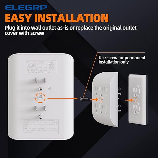 ELEGRP 6-Outlet Extender with Central Anchor, 3-Prong Grounded Wall Tab - Image 4