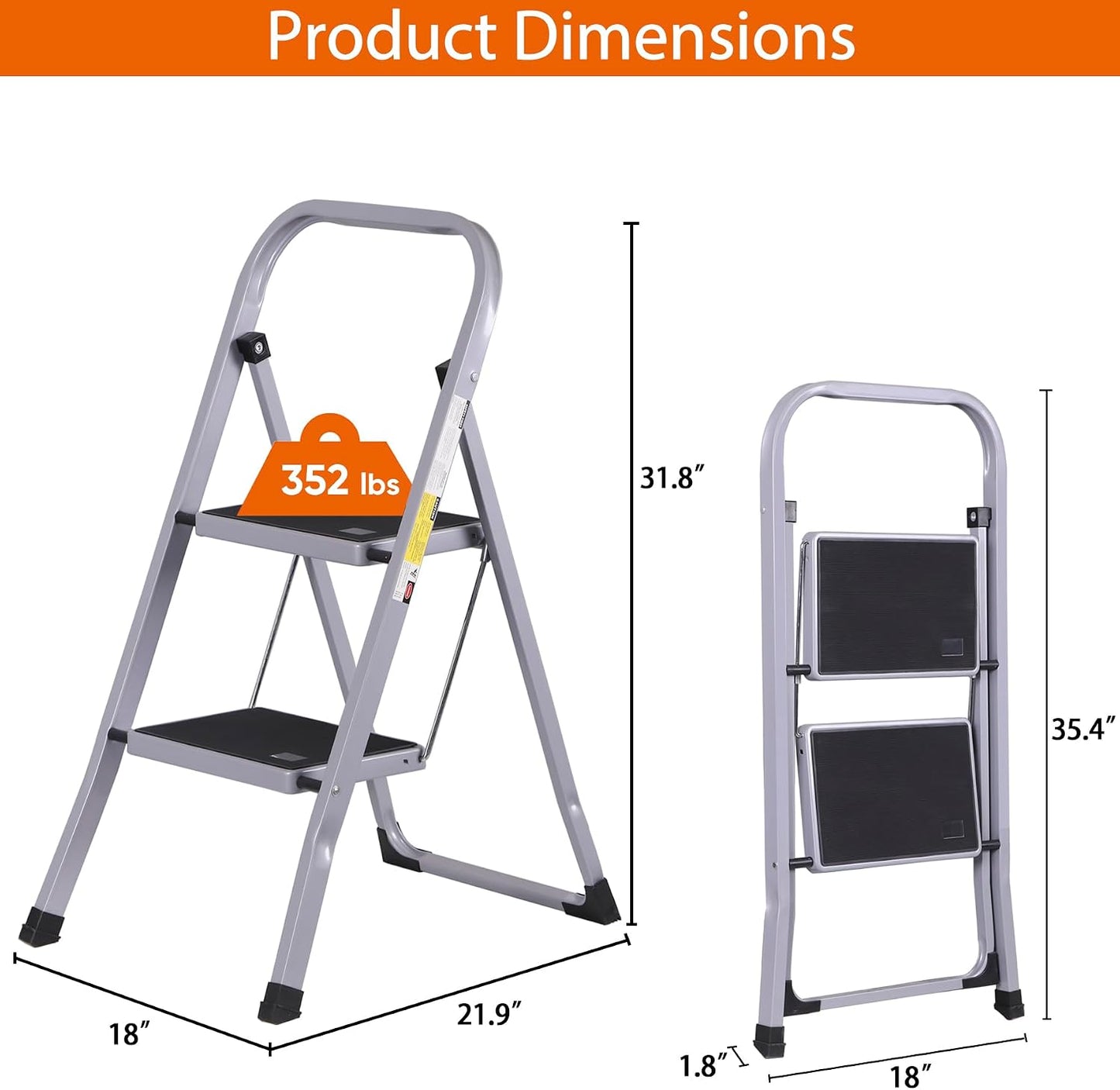 ZENY 2 Step Ladder Folding Step Stool with Wide Anti-Slip Pedal, Convenient Handgrip, Portable Steel Step Stool, 300 lbs Sturdy Steel Ladder for Household and Office, Gray