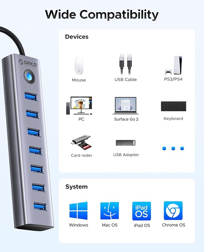 ORICO 7-Port USB 3.0 Hub, Aluminum USB Multiple Adapter, 5Gbps USB Extender USB - Image 7
