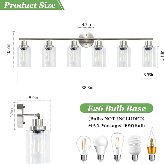 Guliaofo 6-Light Nickel Bathroom Vanity Lights, E26 Modern Bathroom Light - Image 2