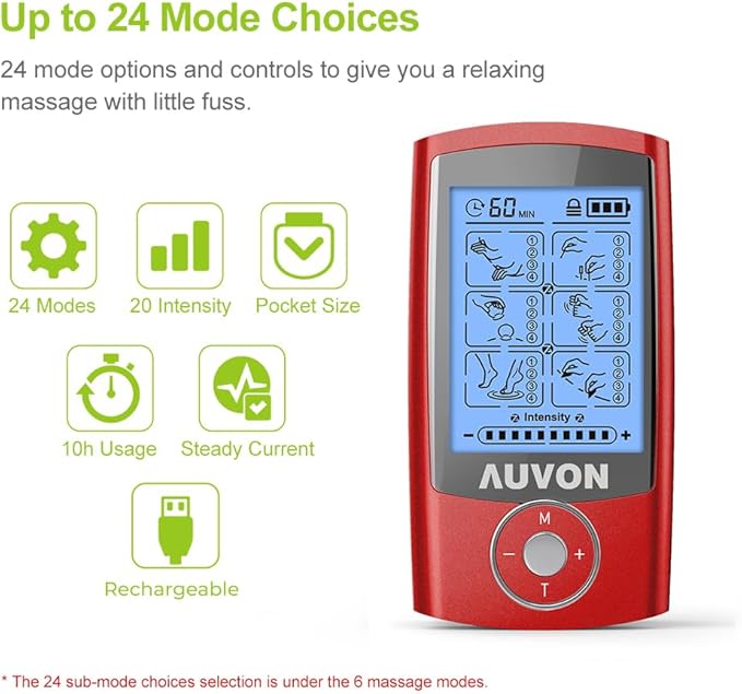 AUVON Rechargeable TENS Unit Muscle Stimulator, 24 Modes 4th Gen TENS Machine - Image 3